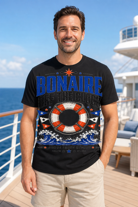 Male black T-shirt cruise deck mockup using exact CRUISE-0044 artwork