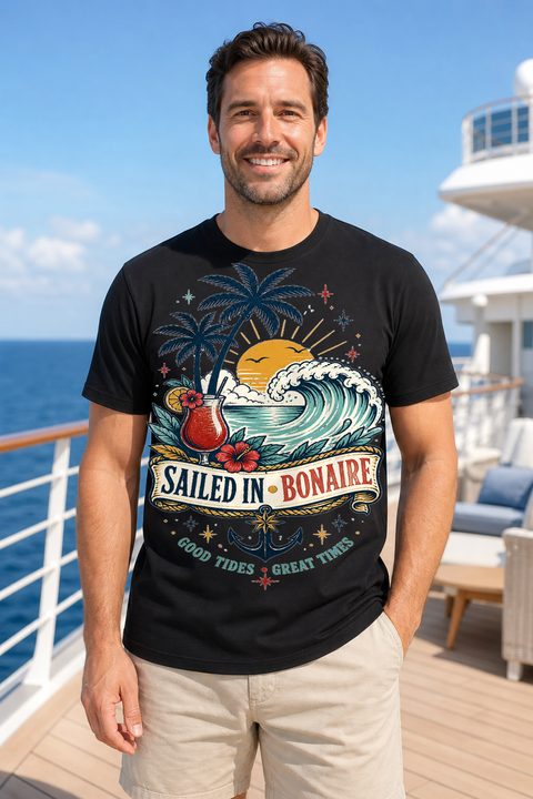 Male black T-shirt cruise deck mockup using exact CRUISE-0045 artwork