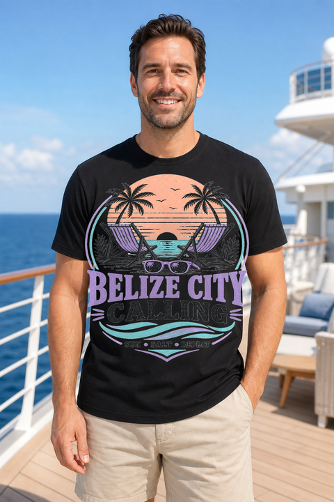 Male black T-shirt cruise deck mockup using exact CRUISE-0046 artwork