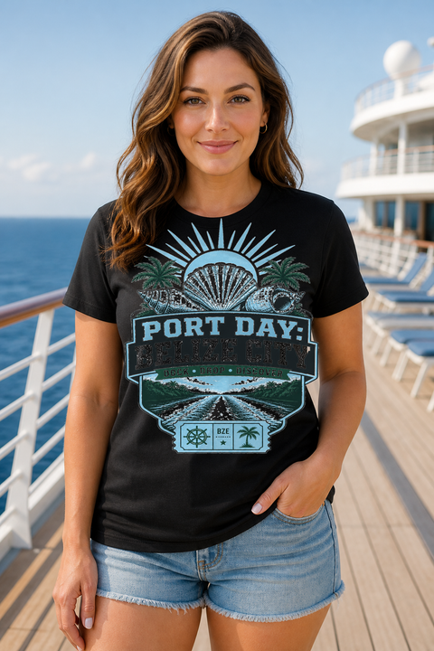 Female black T-shirt cruise deck mockup using exact CRUISE-0047 artwork