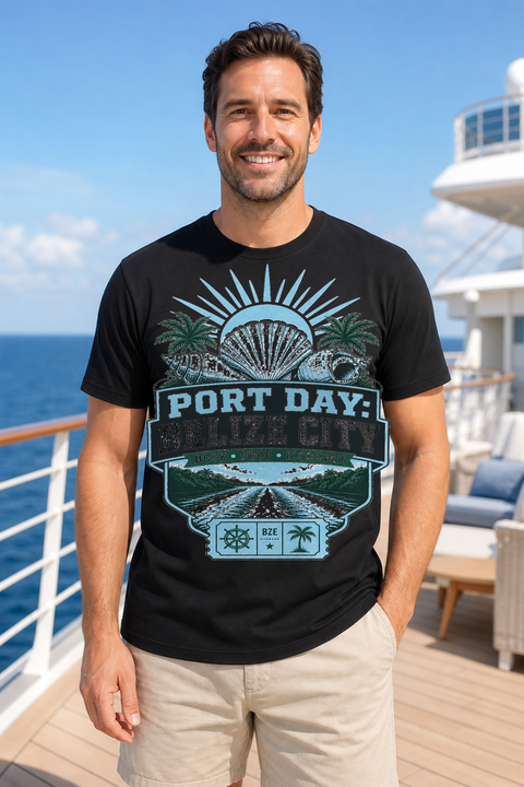 Male black T-shirt cruise deck mockup using exact CRUISE-0047 artwork