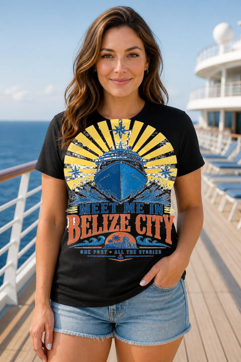 Female black T-shirt cruise deck mockup using exact CRUISE-0048 artwork