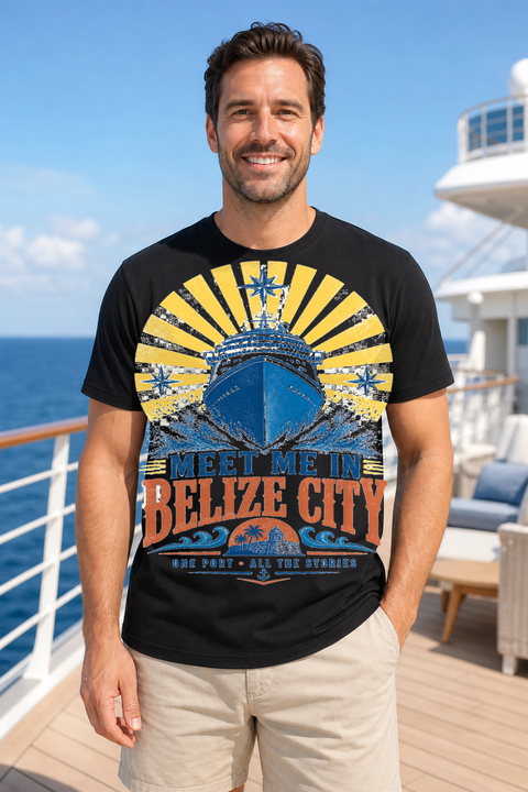 Male black T-shirt cruise deck mockup using exact CRUISE-0048 artwork