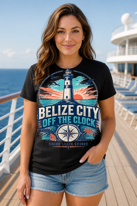 Female black T-shirt cruise deck mockup using exact CRUISE-0049 artwork