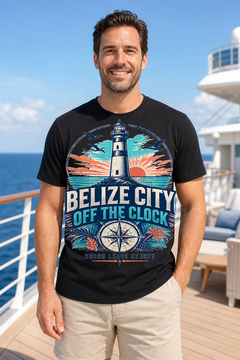 Male black T-shirt cruise deck mockup using exact CRUISE-0049 artwork