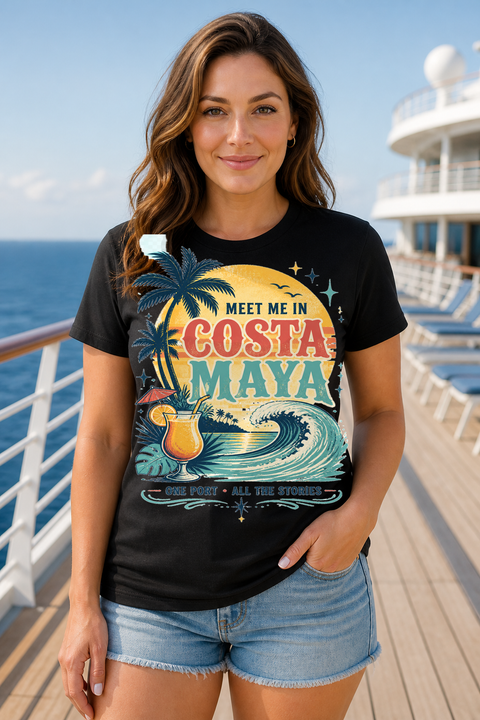 Female black T-shirt cruise deck mockup using exact CRUISE-0053 artwork