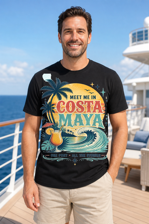 Male black T-shirt cruise deck mockup using exact CRUISE-0053 artwork