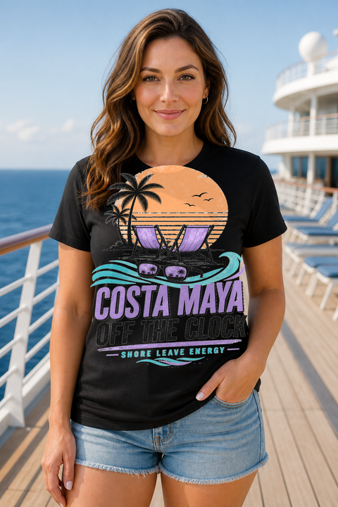 Female black T-shirt cruise deck mockup using exact CRUISE-0054 artwork