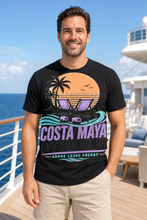 Male black T-shirt cruise deck mockup using exact CRUISE-0054 artwork