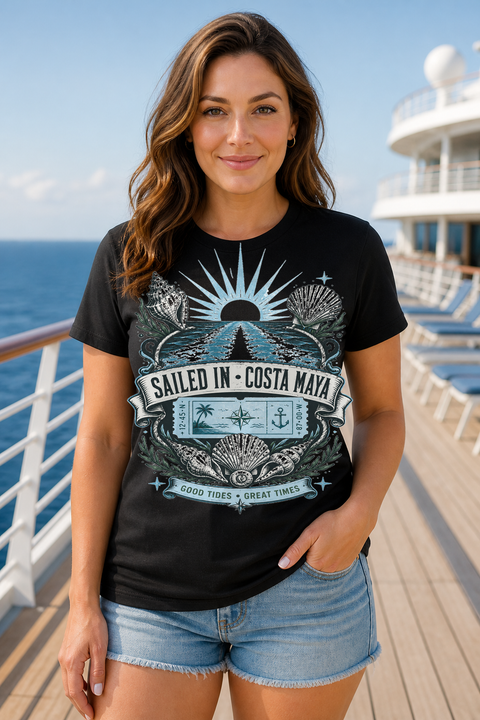Female black T-shirt cruise deck mockup using exact CRUISE-0055 artwork