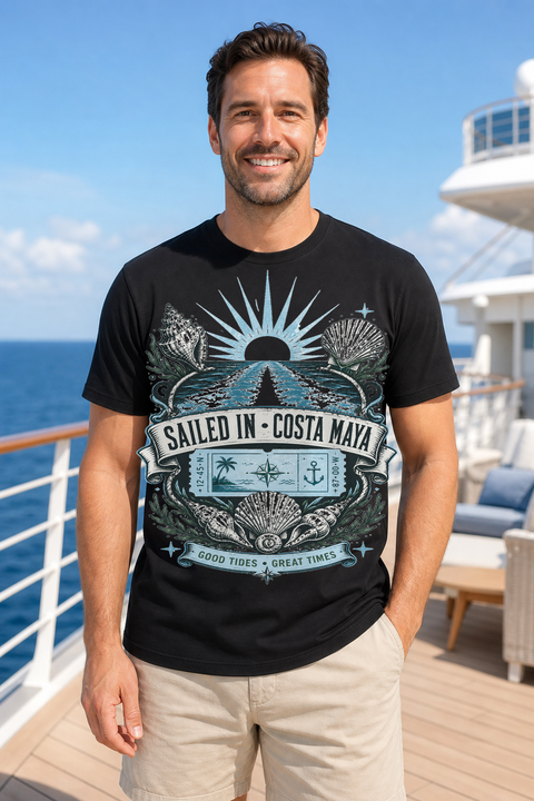 Male black T-shirt cruise deck mockup using exact CRUISE-0055 artwork