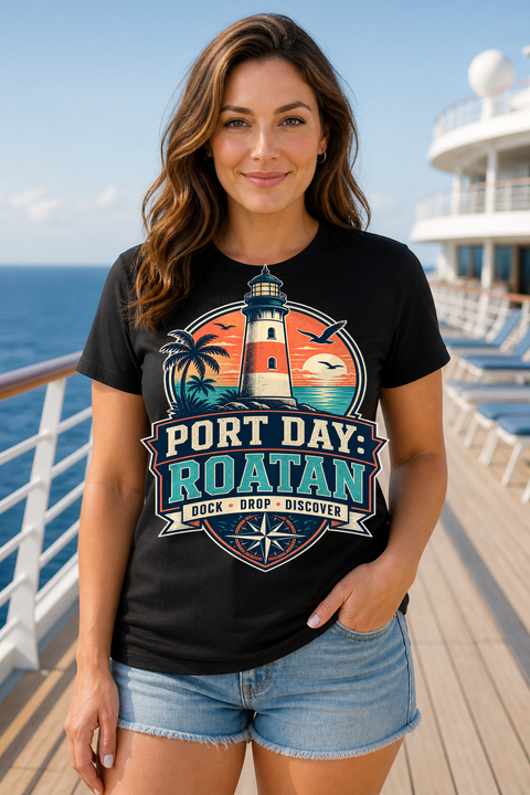 Female black T-shirt cruise deck mockup using exact CRUISE-0057 artwork