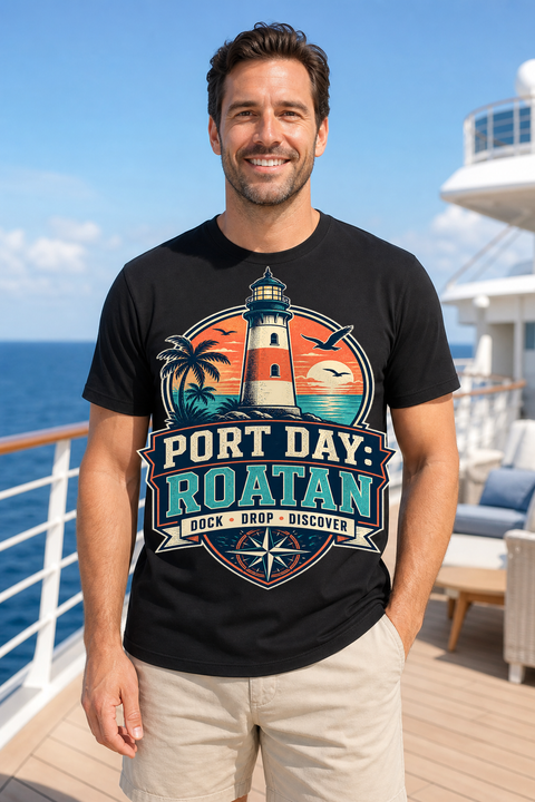 Male black T-shirt cruise deck mockup using exact CRUISE-0057 artwork