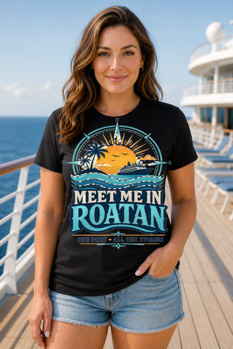 Female black T-shirt cruise deck mockup using exact CRUISE-0058 artwork