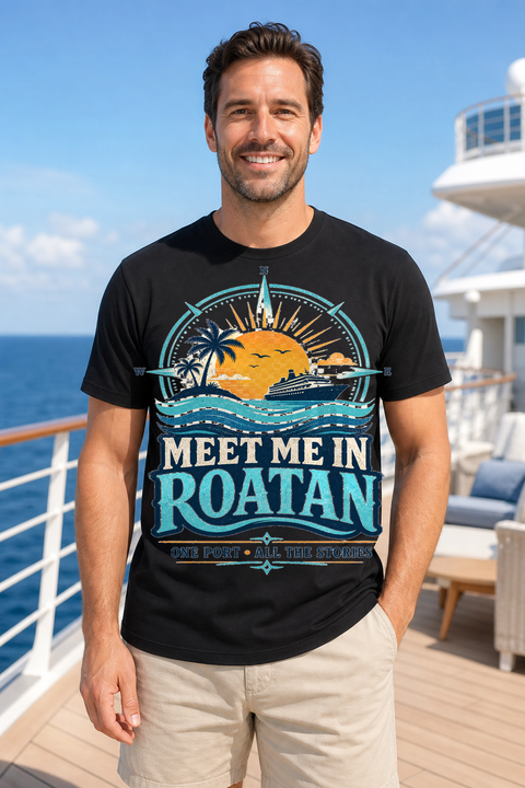 Male black T-shirt cruise deck mockup using exact CRUISE-0058 artwork