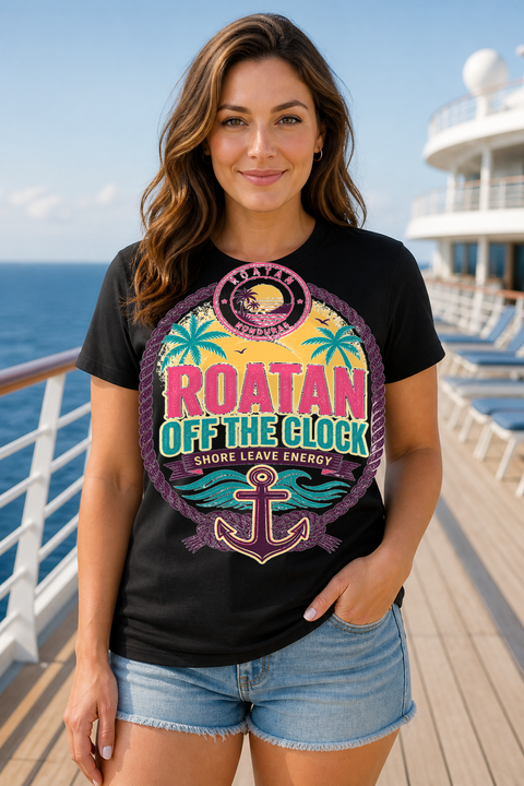Female black T-shirt cruise deck mockup using exact CRUISE-0059 artwork