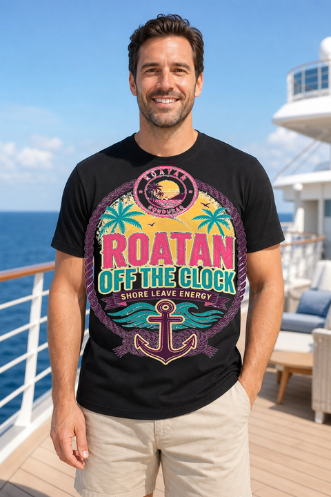 Male black T-shirt cruise deck mockup using exact CRUISE-0059 artwork