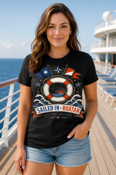 Female black T-shirt cruise deck mockup using exact CRUISE-0060 artwork