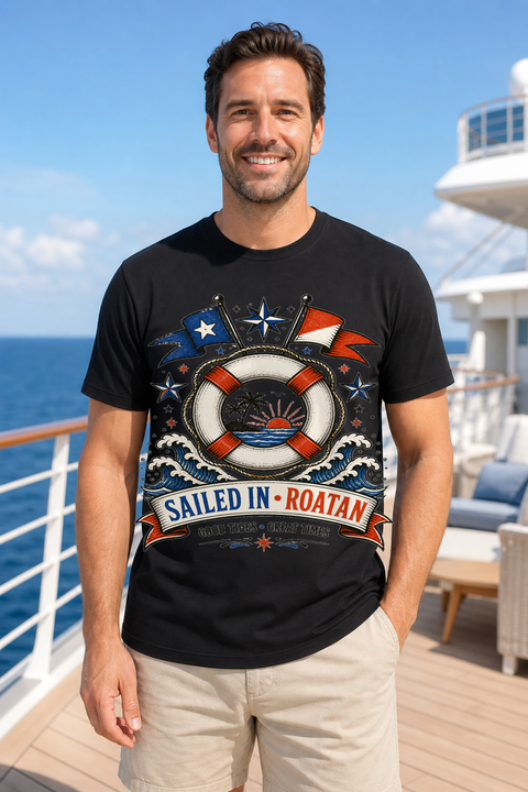 Male black T-shirt cruise deck mockup using exact CRUISE-0060 artwork