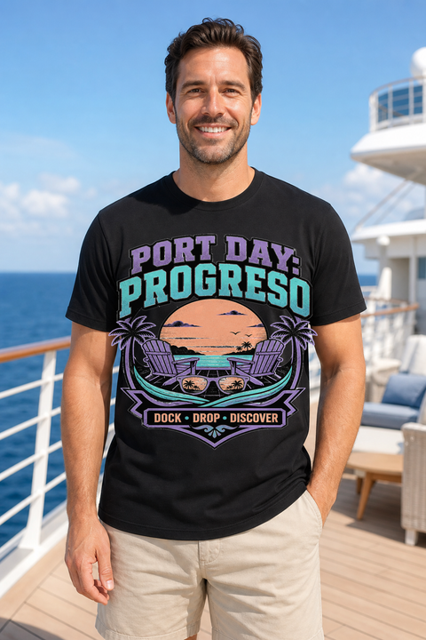 Male black T-shirt cruise deck mockup using exact CRUISE-0062 artwork