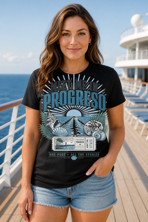 Female black T-shirt cruise deck mockup using exact CRUISE-0063 artwork
