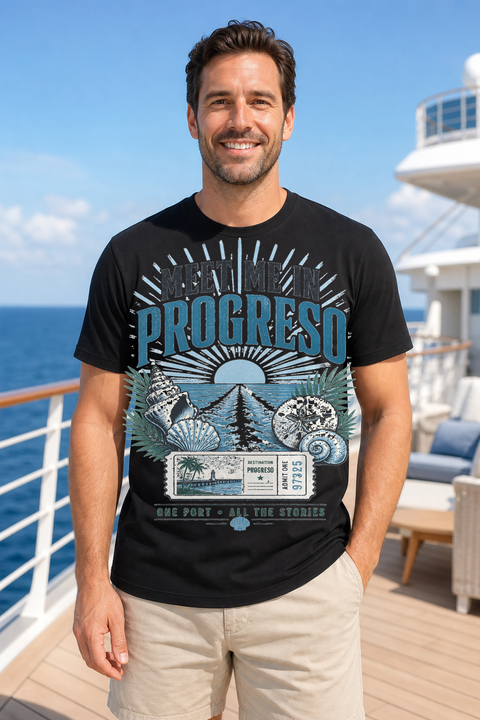 Male black T-shirt cruise deck mockup using exact CRUISE-0063 artwork