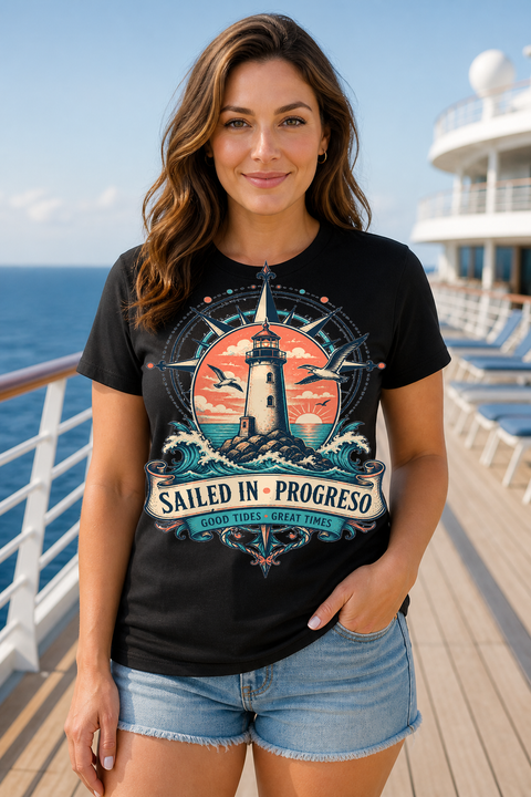 Female black T-shirt cruise deck mockup using exact CRUISE-0065 artwork