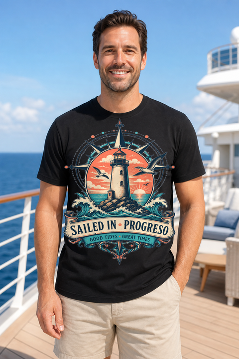 Male black T-shirt cruise deck mockup using exact CRUISE-0065 artwork