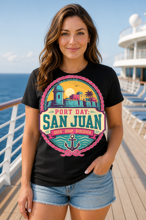 Female black T-shirt cruise deck mockup using exact CRUISE-0067 artwork