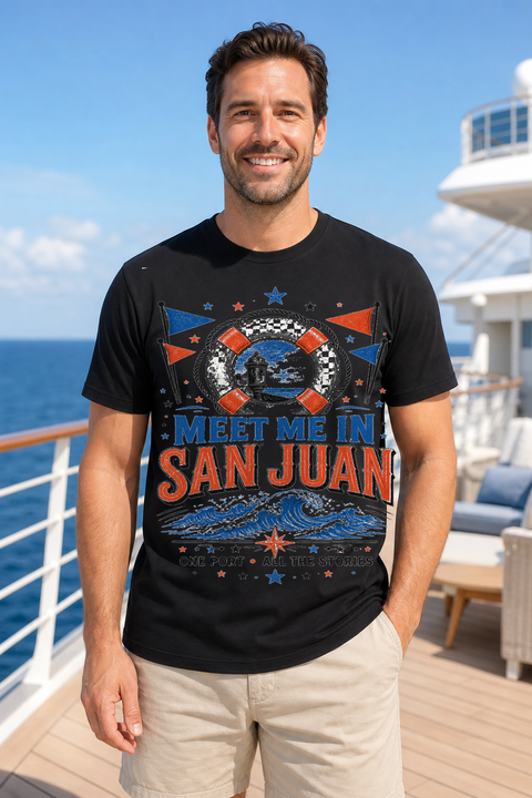 Male black T-shirt cruise deck mockup using exact CRUISE-0068 artwork