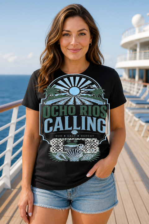 Female black T-shirt cruise deck mockup using exact CRUISE-0071 artwork