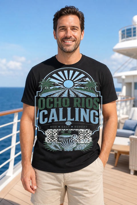 Male black T-shirt cruise deck mockup using exact CRUISE-0071 artwork