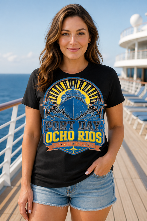 Female black T-shirt cruise deck mockup using exact CRUISE-0072 artwork