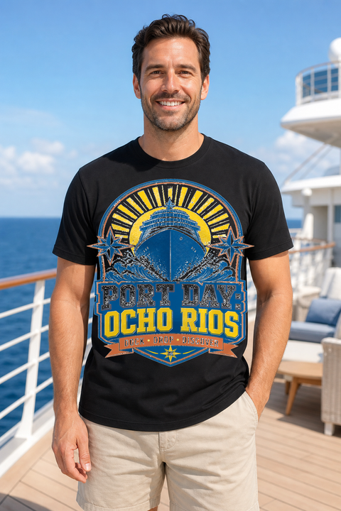 Male black T-shirt cruise deck mockup using exact CRUISE-0072 artwork