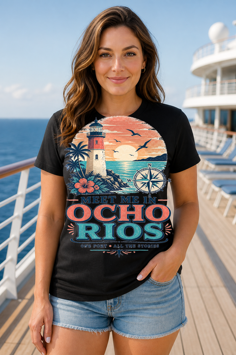 Female black T-shirt cruise deck mockup using exact CRUISE-0073 artwork
