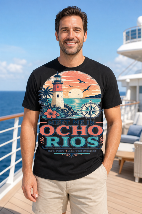 Male black T-shirt cruise deck mockup using exact CRUISE-0073 artwork