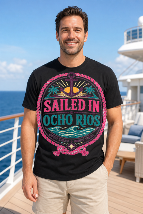 Male black T-shirt cruise deck mockup using exact CRUISE-0075 artwork
