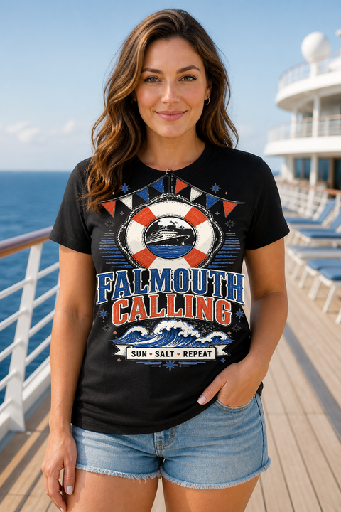 Female black T-shirt cruise deck mockup using exact CRUISE-0076 artwork