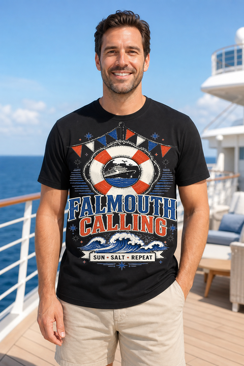 Male black T-shirt cruise deck mockup using exact CRUISE-0076 artwork