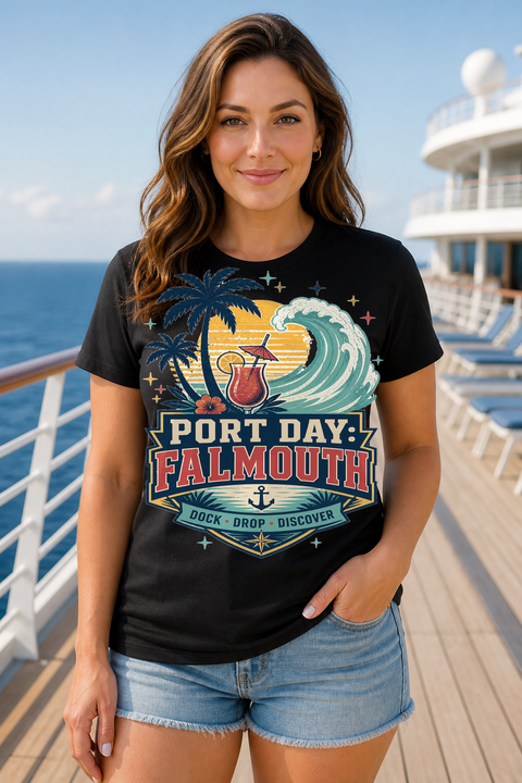 Female black T-shirt cruise deck mockup using exact CRUISE-0077 artwork