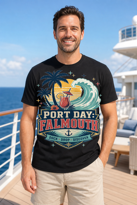 Male black T-shirt cruise deck mockup using exact CRUISE-0077 artwork