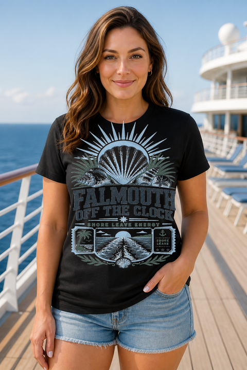 Female black T-shirt cruise deck mockup using exact CRUISE-0079 artwork