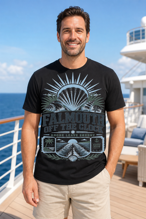 Male black T-shirt cruise deck mockup using exact CRUISE-0079 artwork