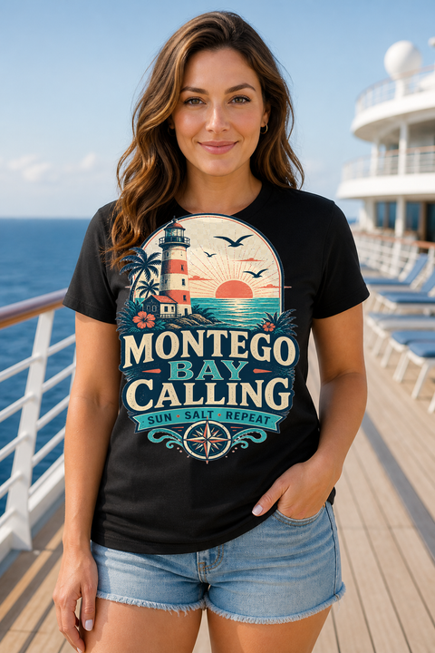Female black T-shirt cruise deck mockup using exact CRUISE-0081 artwork