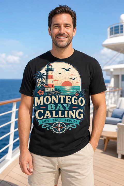 Male black T-shirt cruise deck mockup using exact CRUISE-0081 artwork