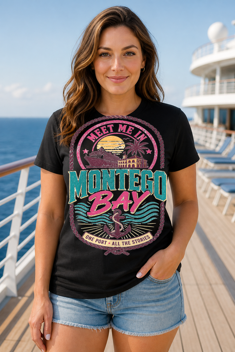 Female black T-shirt cruise deck mockup using exact CRUISE-0083 artwork