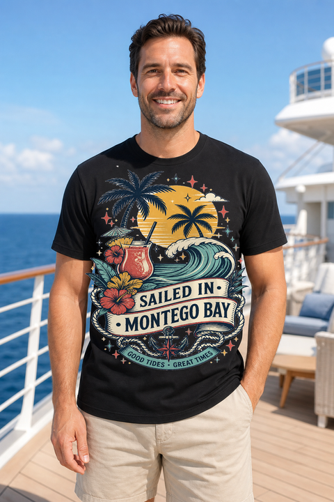 Male black T-shirt cruise deck mockup using exact CRUISE-0085 artwork