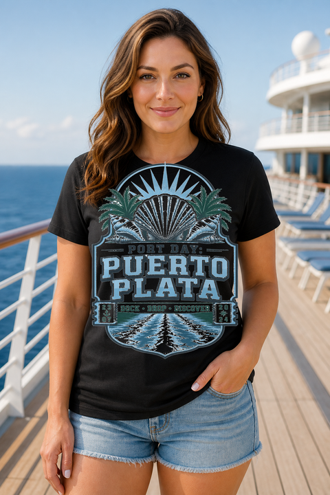 Female black T-shirt cruise deck mockup using exact CRUISE-0087 artwork