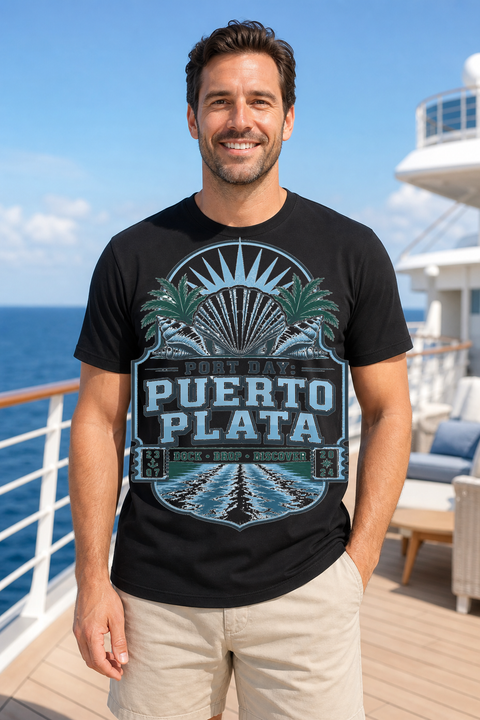 Male black T-shirt cruise deck mockup using exact CRUISE-0087 artwork