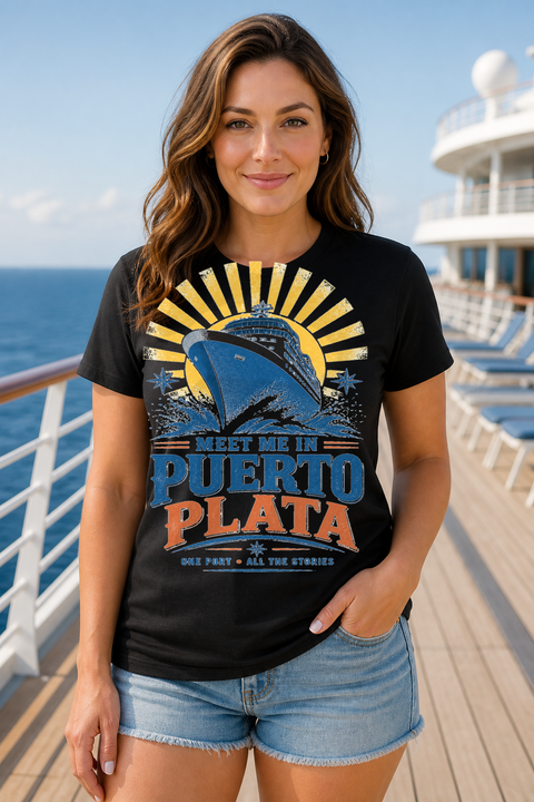 Female black T-shirt cruise deck mockup using exact CRUISE-0088 artwork